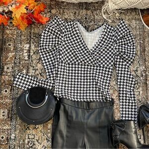 Houndstooth Top with Puff Ruched Sleeves V-neck